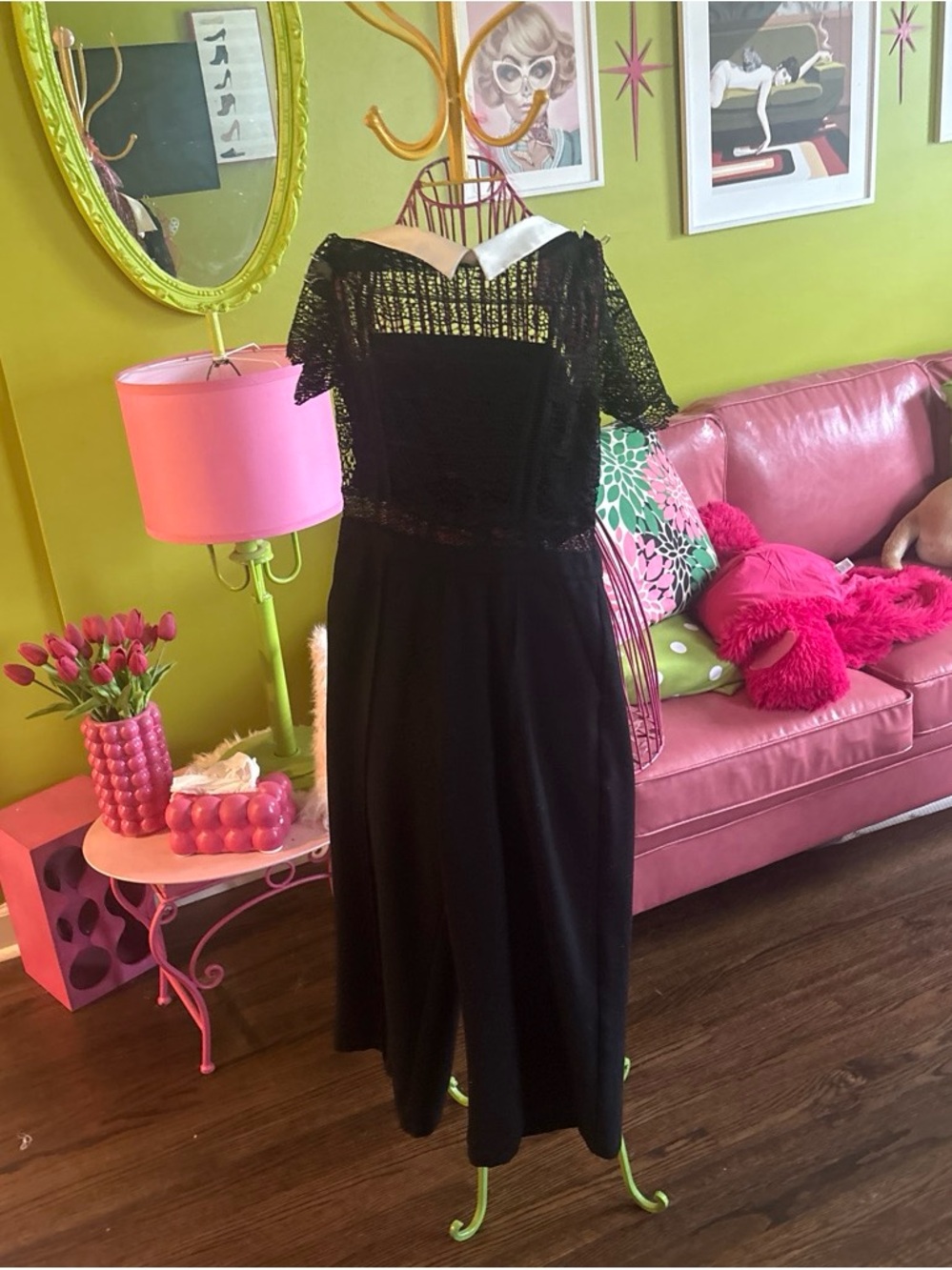 VENUS Black Lace Jumpsuit with Off-Shoulder Detail